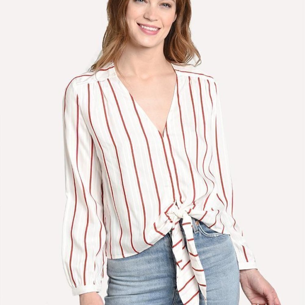 J.O.A Red & White Stripe Tie Front Long Sleeve Top Women's Size Medium